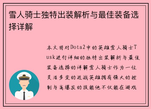 雪人骑士独特出装解析与最佳装备选择详解