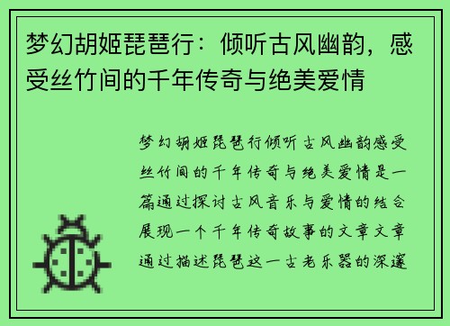 梦幻胡姬琵琶行：倾听古风幽韵，感受丝竹间的千年传奇与绝美爱情