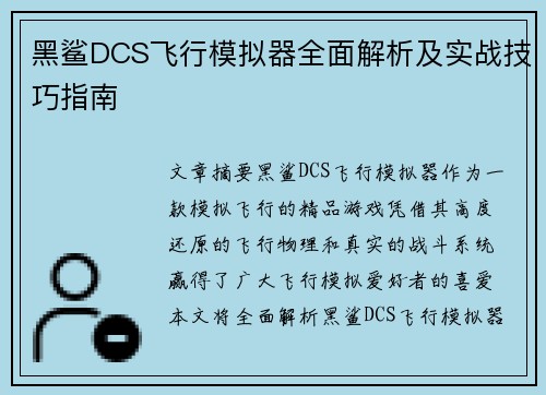 黑鲨DCS飞行模拟器全面解析及实战技巧指南